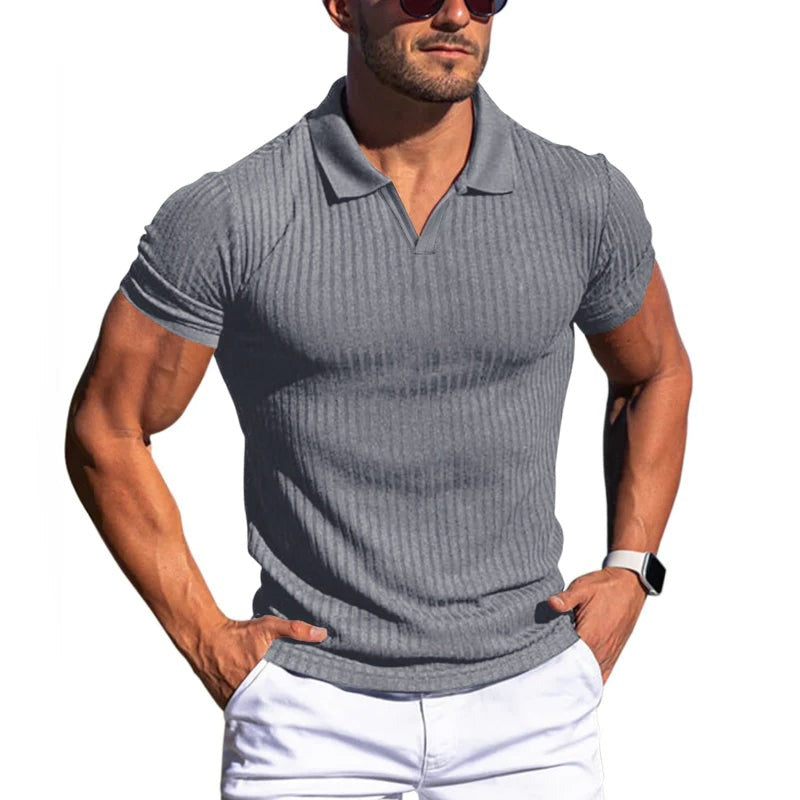 Ribbed Short Sleeve Polo Shirt - Light Gray