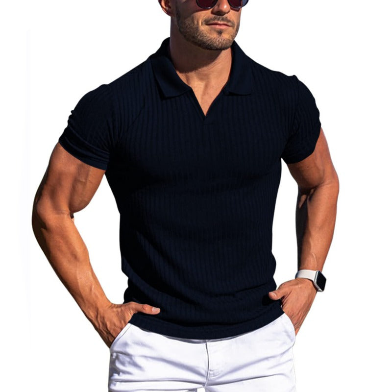 Ribbed Short Sleeve Polo Shirt - Navy Blue