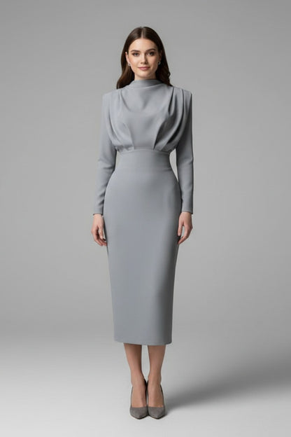 Mock Neck Long Sleeve Maxi Dress - Grey