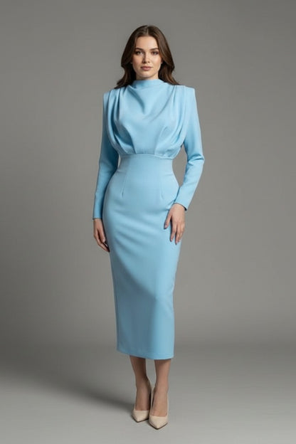 Mock Neck Long Sleeve Maxi Dress - Light Blue