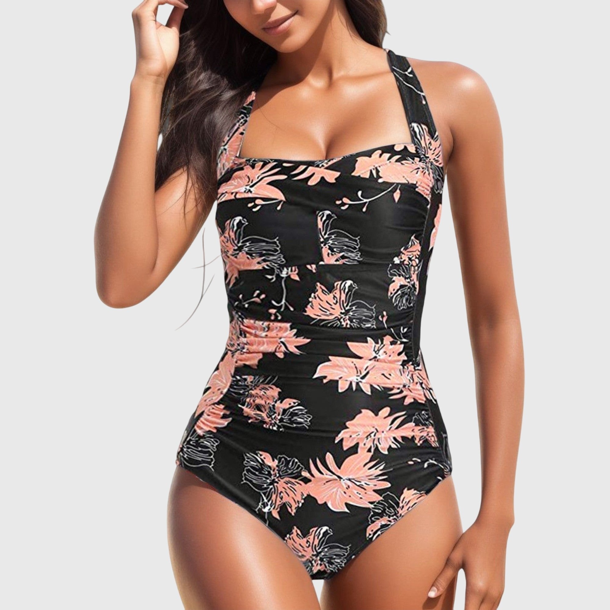 Women's Floral One-Piece Swimsuit - Black-Pink