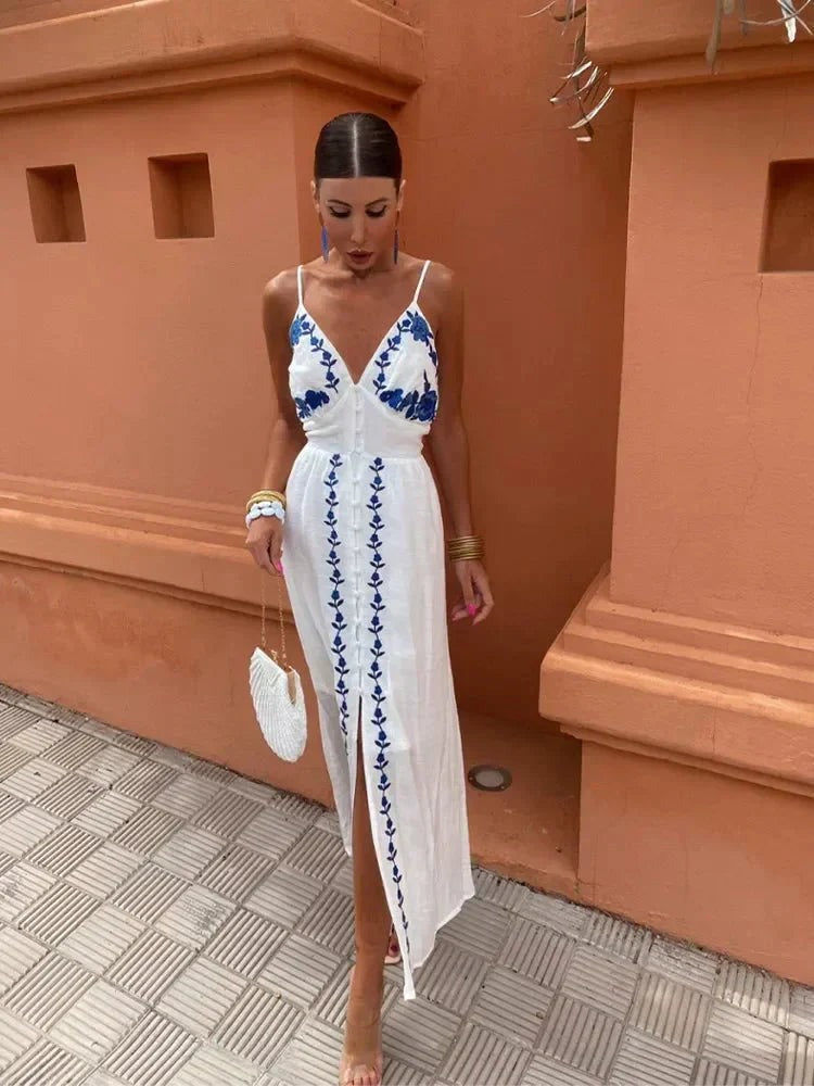 Floral Embroidered Maxi Dress - White