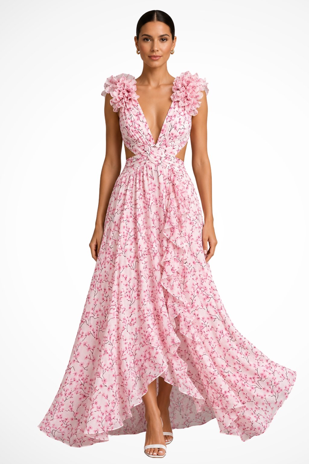 Women's Floral V-Neck Wedding Guest Maxi Dress - Pink