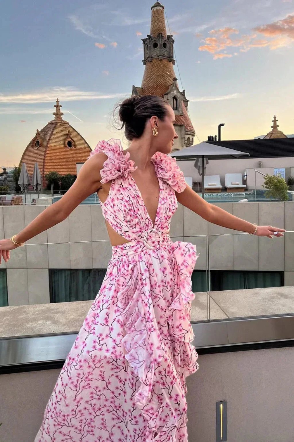 Women's Floral V-Neck Wedding Guest Maxi Dress