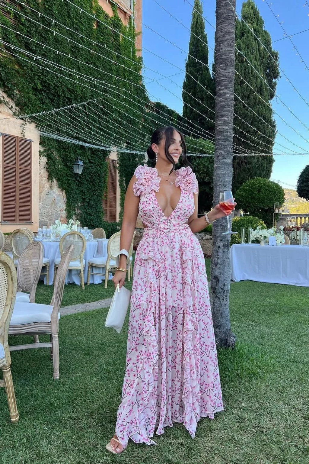 Women's Floral V-Neck Wedding Guest Maxi Dress