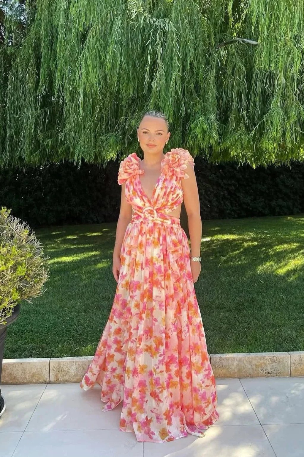 Women's Floral V-Neck Wedding Guest Maxi Dress