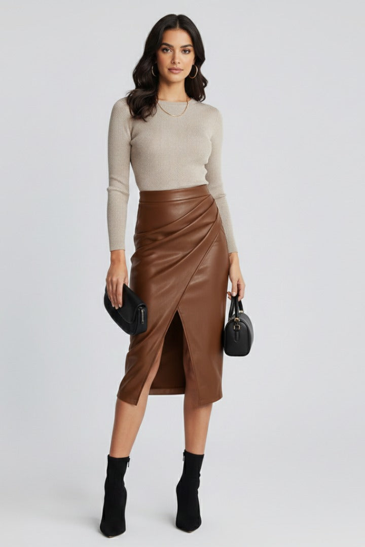 A Line Midi Skirt - Brown