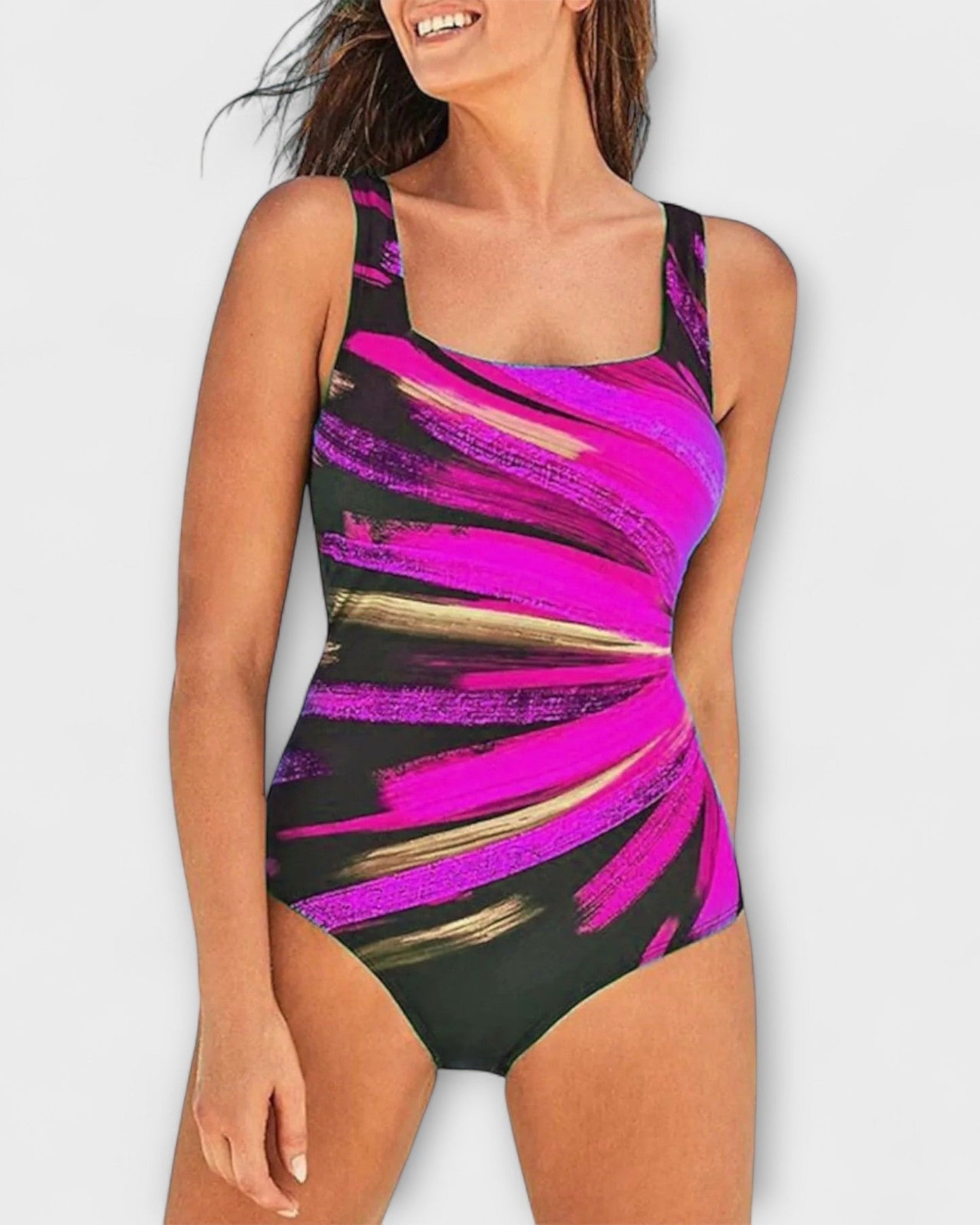 Square Neck One Piece Swimsuit - Pink-Black