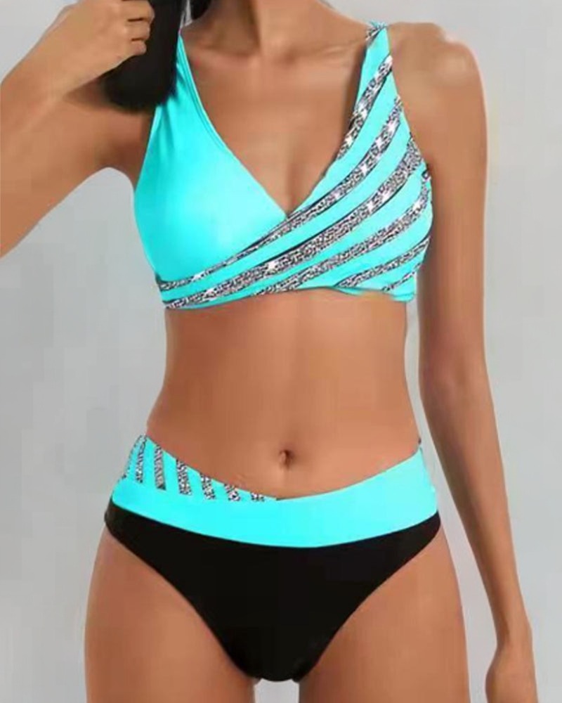 One Shoulder Bikini Two Piece Set - Teal