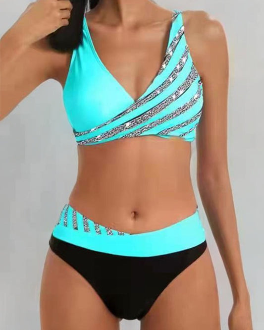 One Shoulder Bikini Two Piece Set - Teal