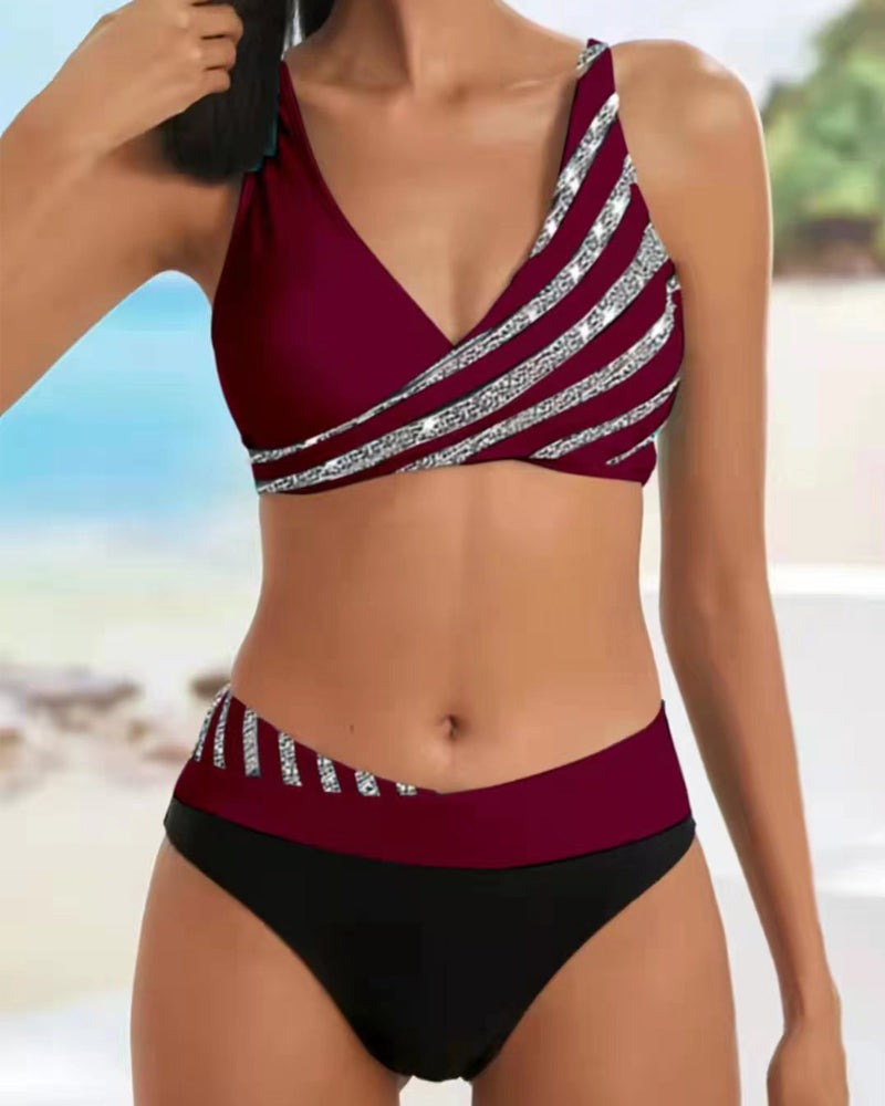 One Shoulder Bikini Two Piece Set - Burgundy