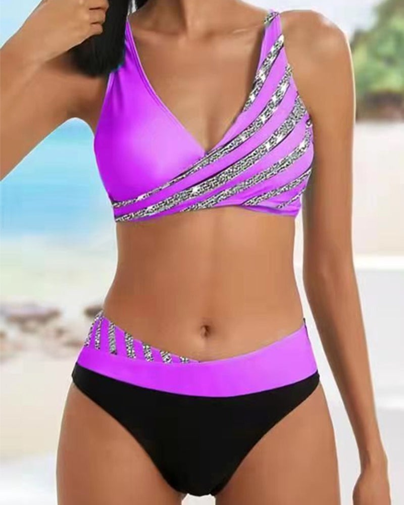 One Shoulder Bikini Two Piece Set - Purple