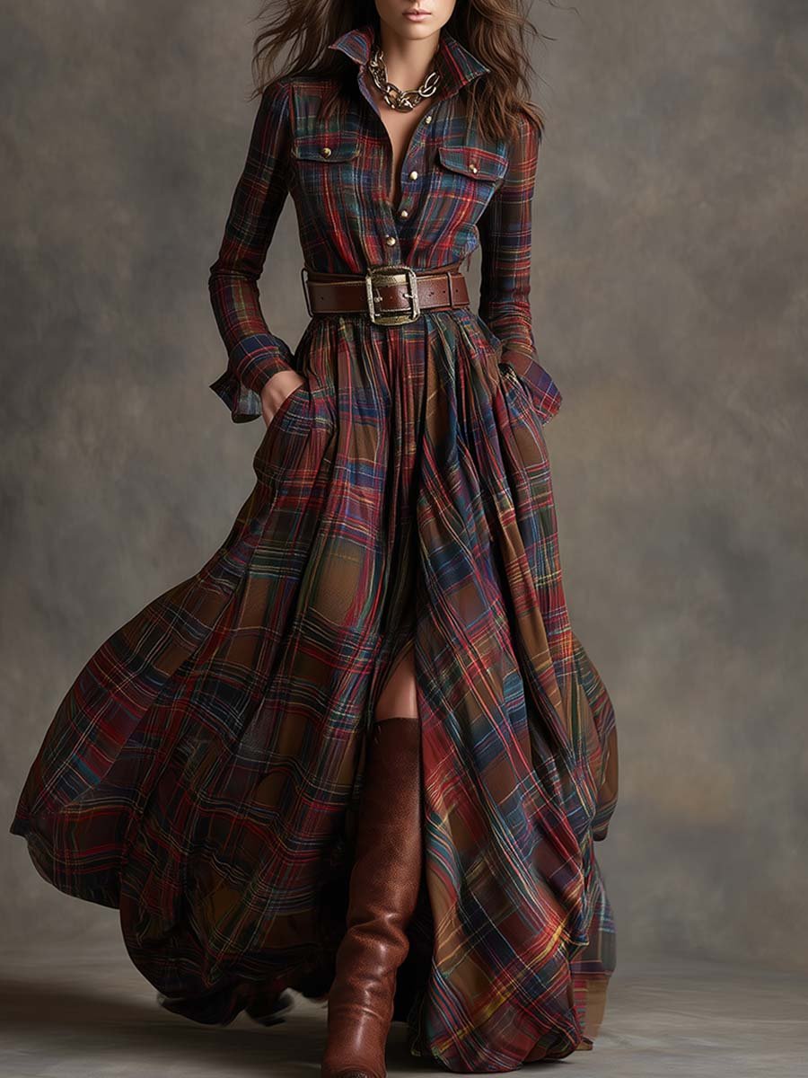 Women's Plaid Maxi Shirt Dress - Dark Brown