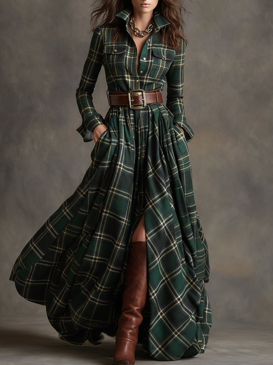 Women's Plaid Maxi Shirt Dress - Green