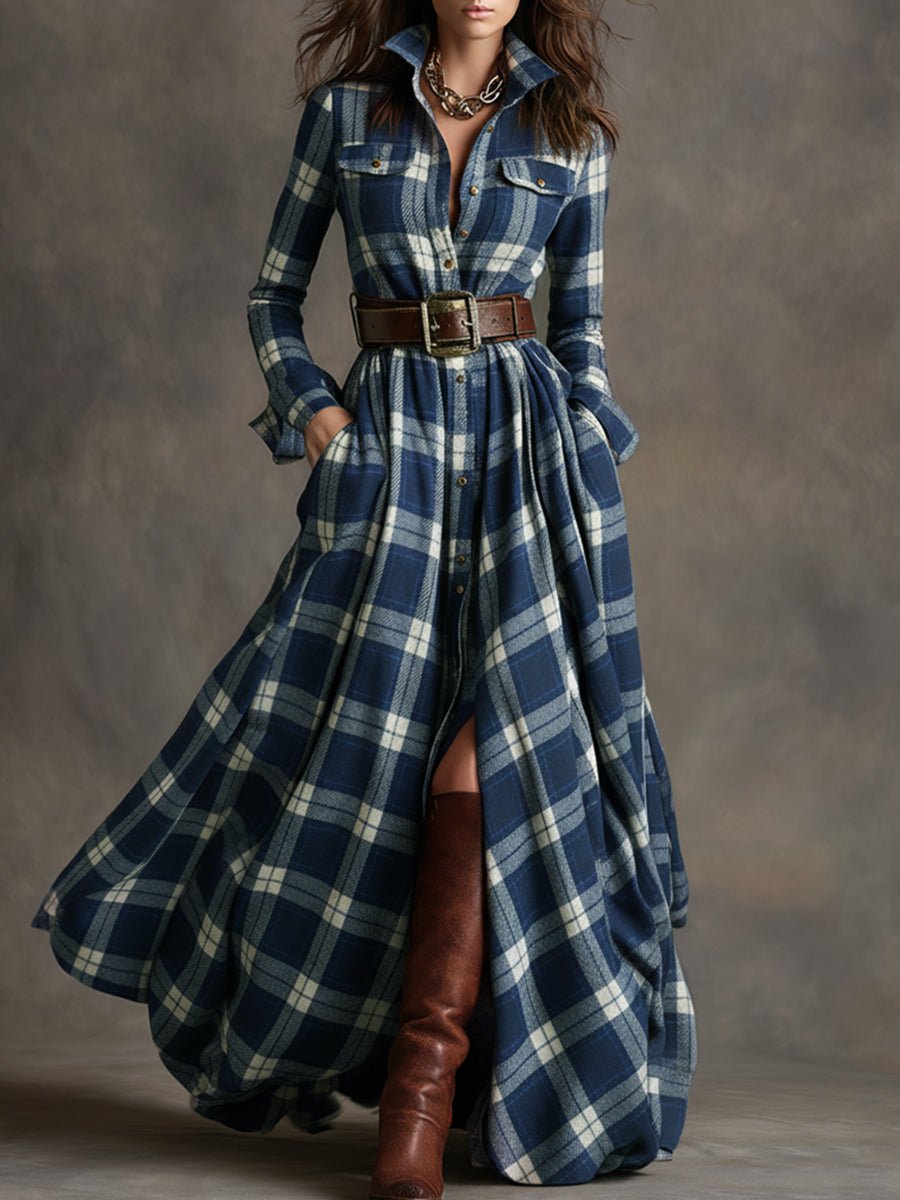 Women's Plaid Maxi Shirt Dress - Blue