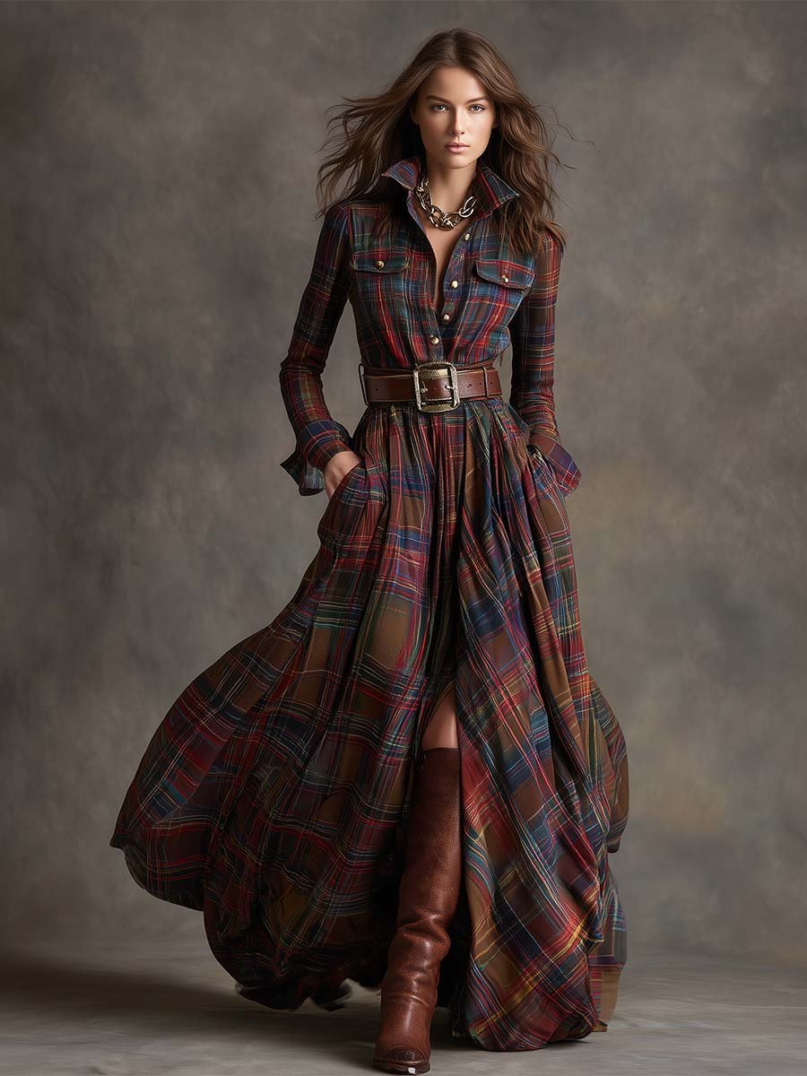 Women's Plaid Maxi Shirt Dress