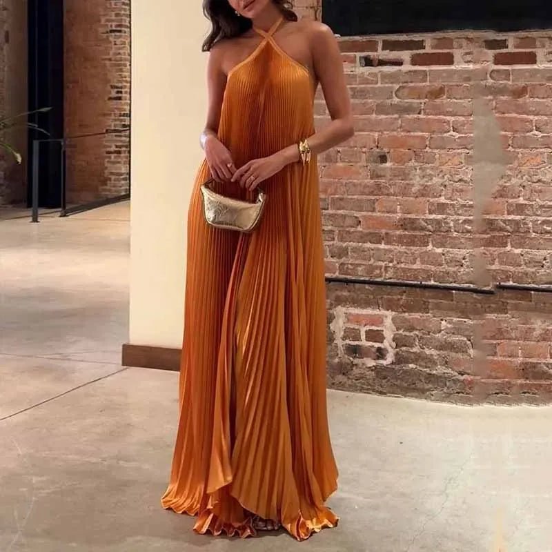 Women's Pleated Halter Maxi Dress - Orange