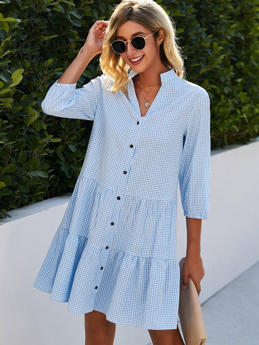 Striped Tiered Babydoll Dress - Light Blue