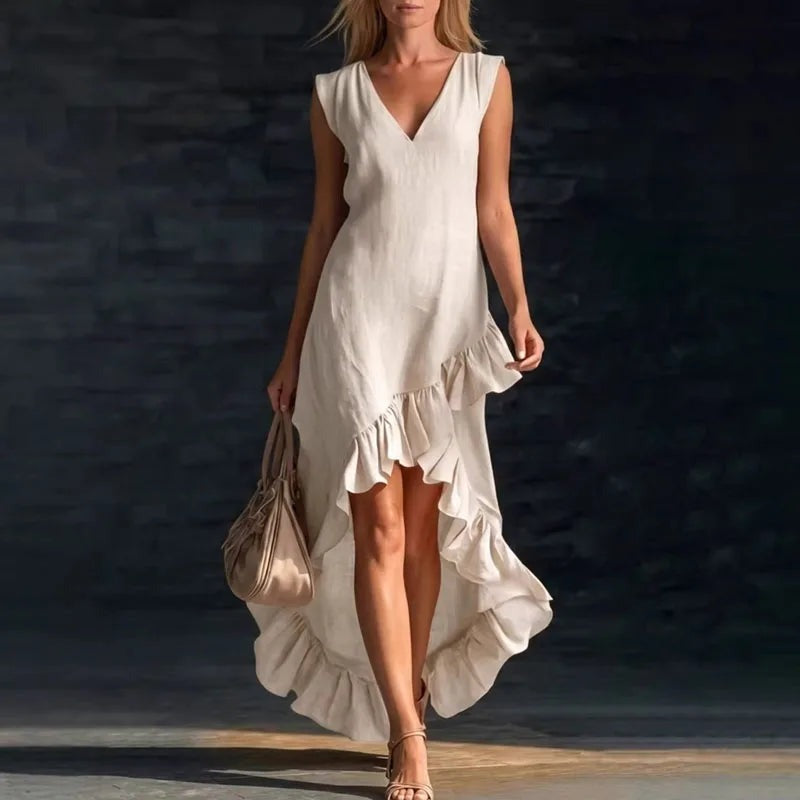 High Low Ruffle Midi Dress - Apricot