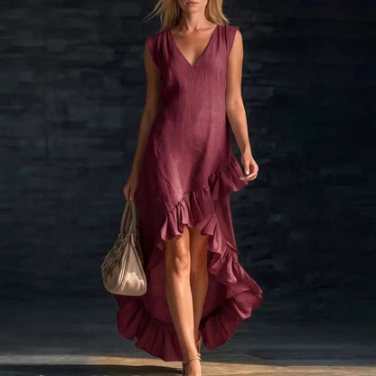 High Low Ruffle Midi Dress - Wine Red