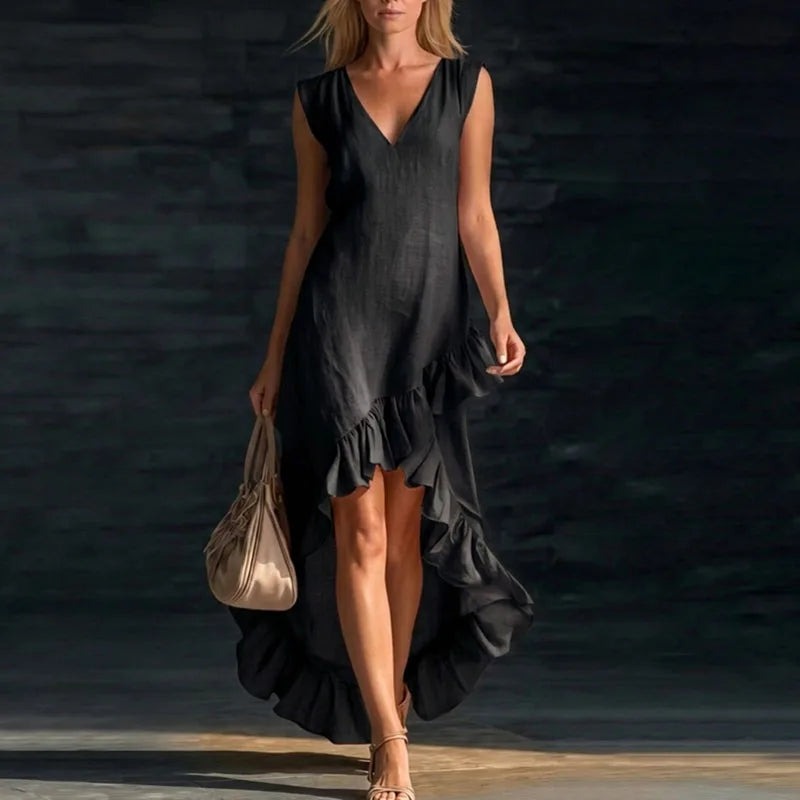 High Low Ruffle Midi Dress - Black