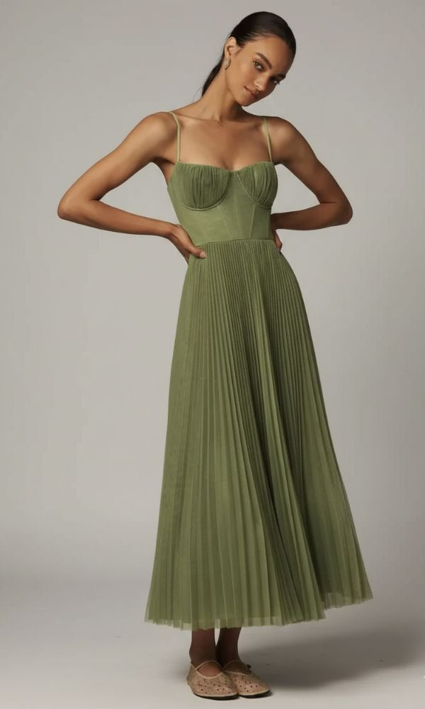 Pleated Corset Midi Dress - Sage Green