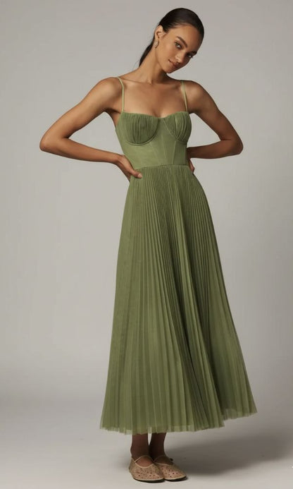 Pleated Corset Midi Dress - Sage Green