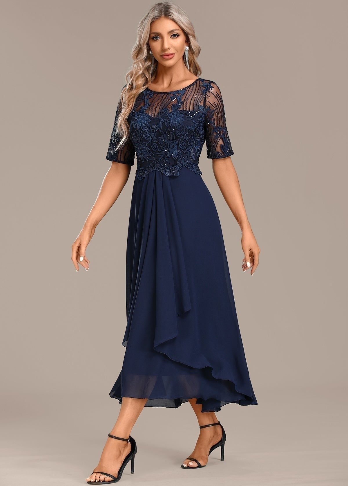 Lace Tea Length Formal Dress