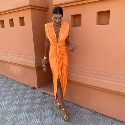 Ruched Evening Midi Dress - Orange