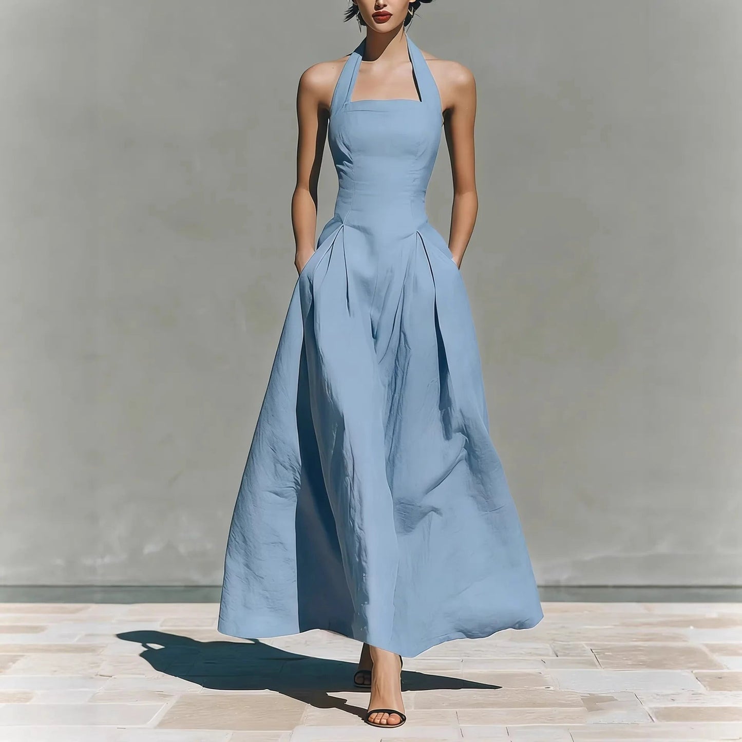 Halter Neck Wedding Guest Maxi Dress - Sky Blue