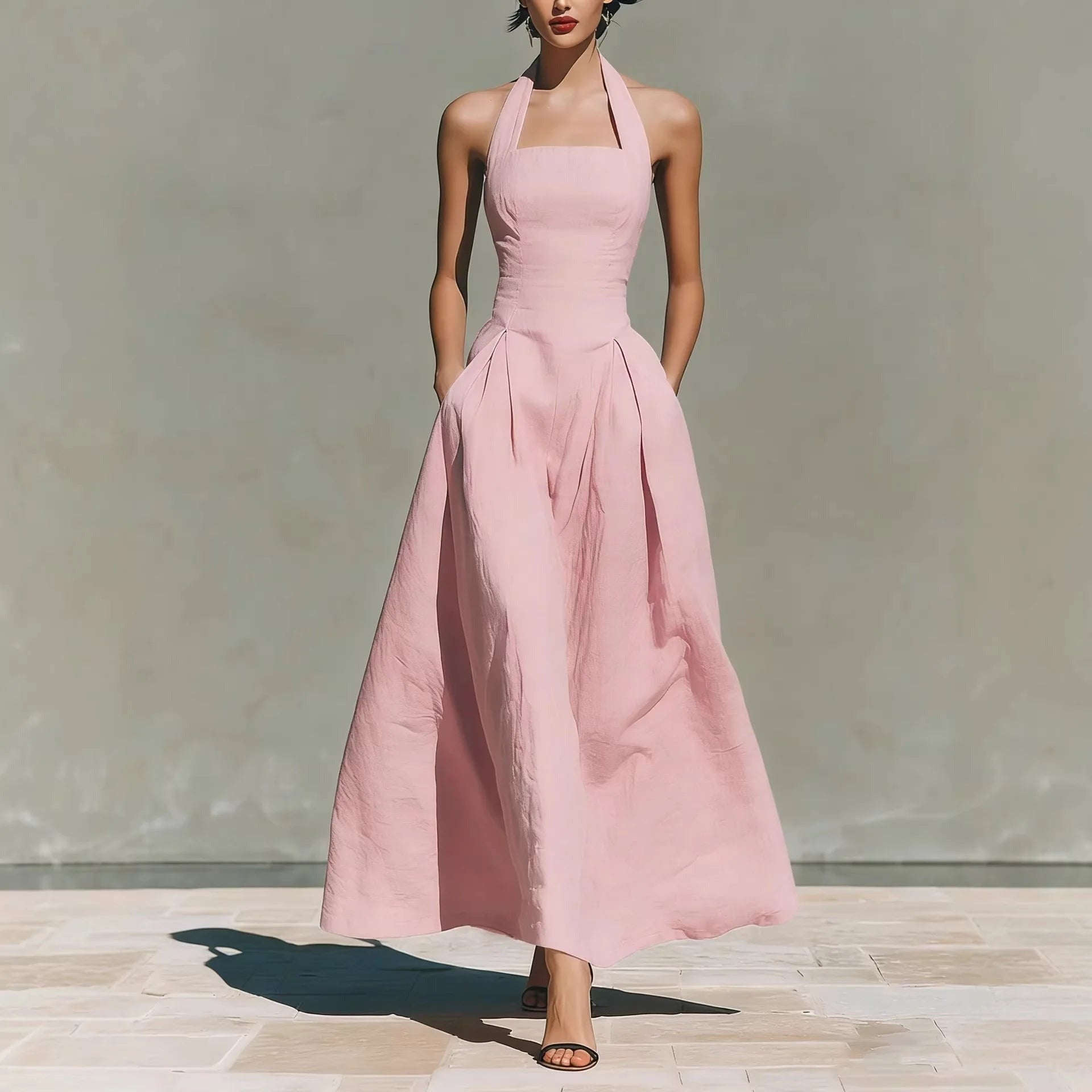 Halter Neck Wedding Guest Maxi Dress - Pink