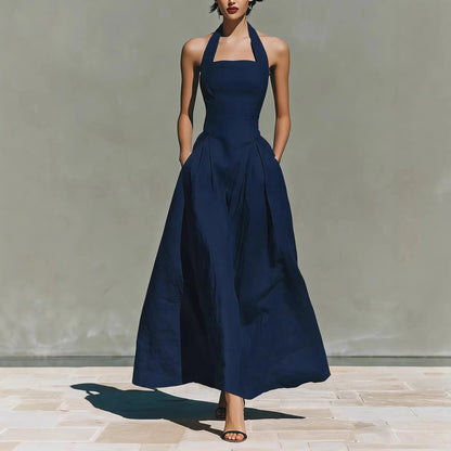 Halter Neck Wedding Guest Maxi Dress - Navy Blue
