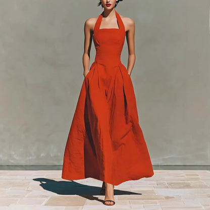 Halter Neck Wedding Guest Maxi Dress - Red