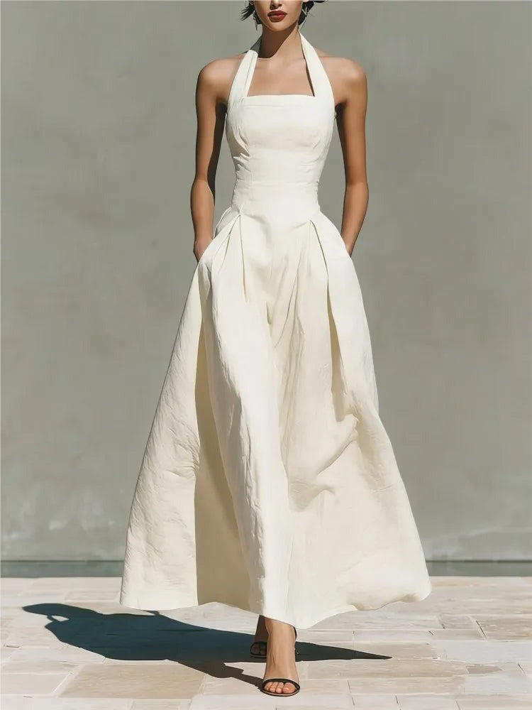 Halter Neck Wedding Guest Maxi Dress - White