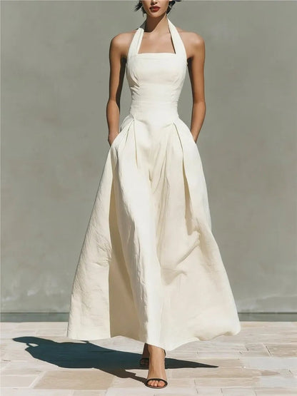 Halter Neck Wedding Guest Maxi Dress - White