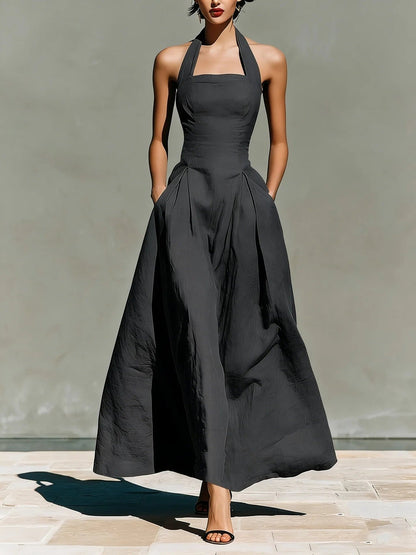Halter Neck Wedding Guest Maxi Dress - Graphite