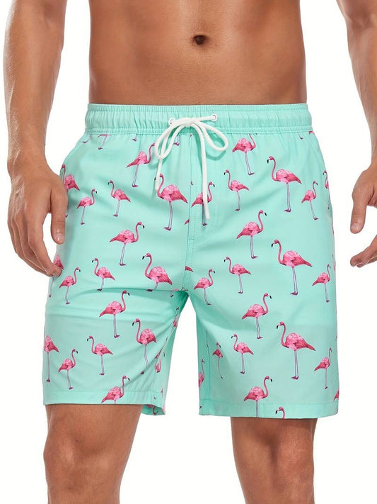 Flamingo Print Swim Trunks - Mint