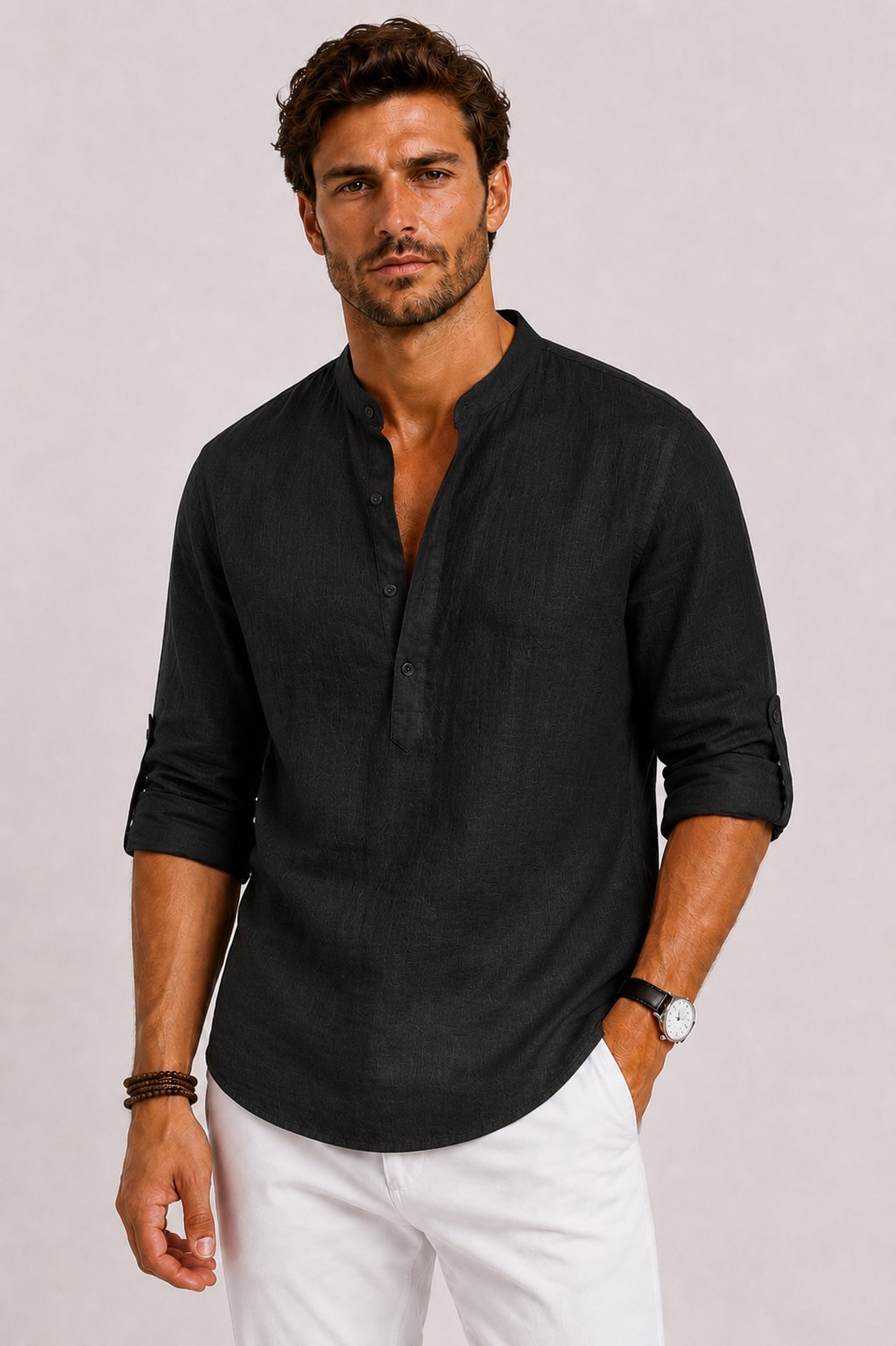 Men's Linen Grandad-Collar Shirt - Black