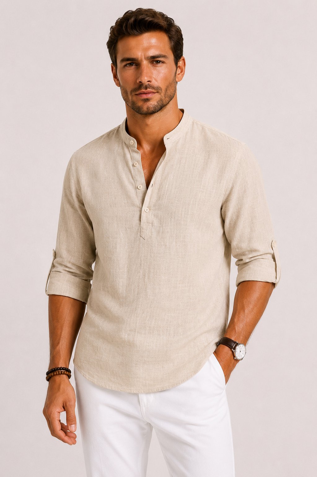 Men's Linen Grandad-Collar Shirt - Khaki