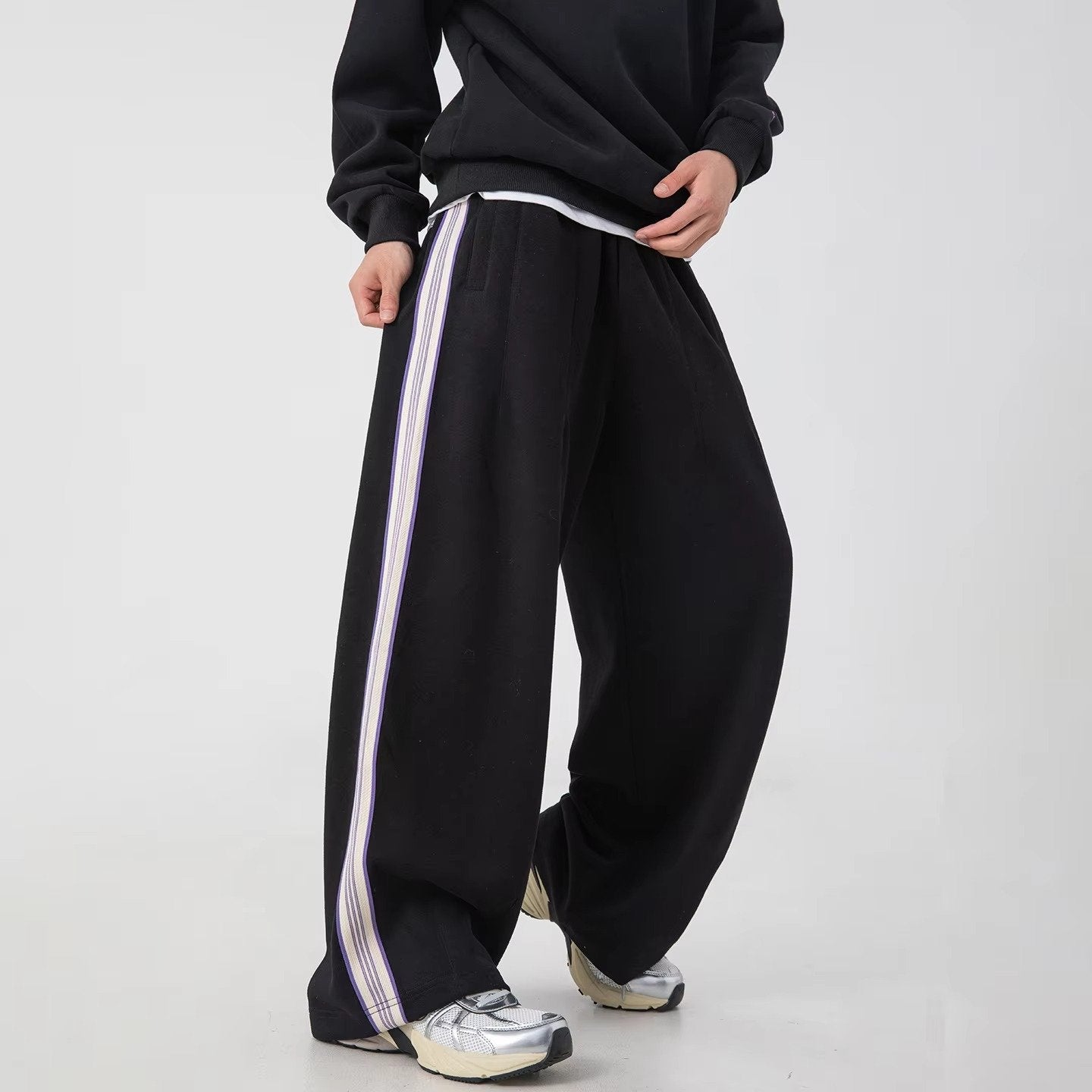 Men's Striped Wide-Leg Sweatpants - Black
