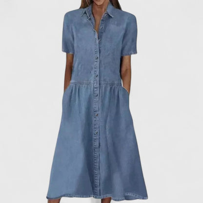 Denim Midi Shirt Dress - Blue