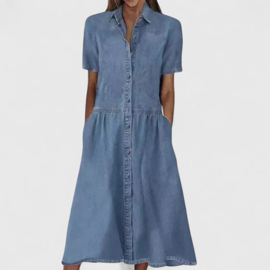 Denim Midi Shirt Dress - Blue