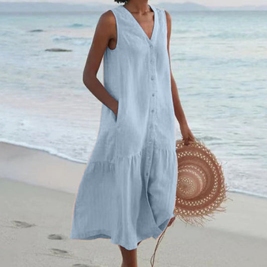 Sleeveless Midi Shirt Dress - Blue