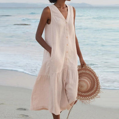 Sleeveless Midi Shirt Dress - Beige