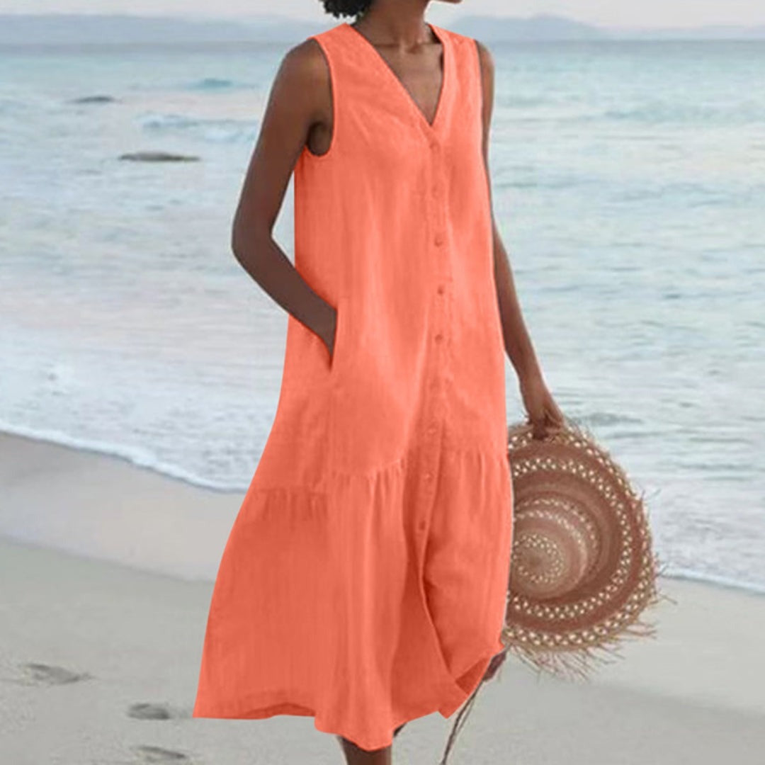 Sleeveless Midi Shirt Dress - Orange