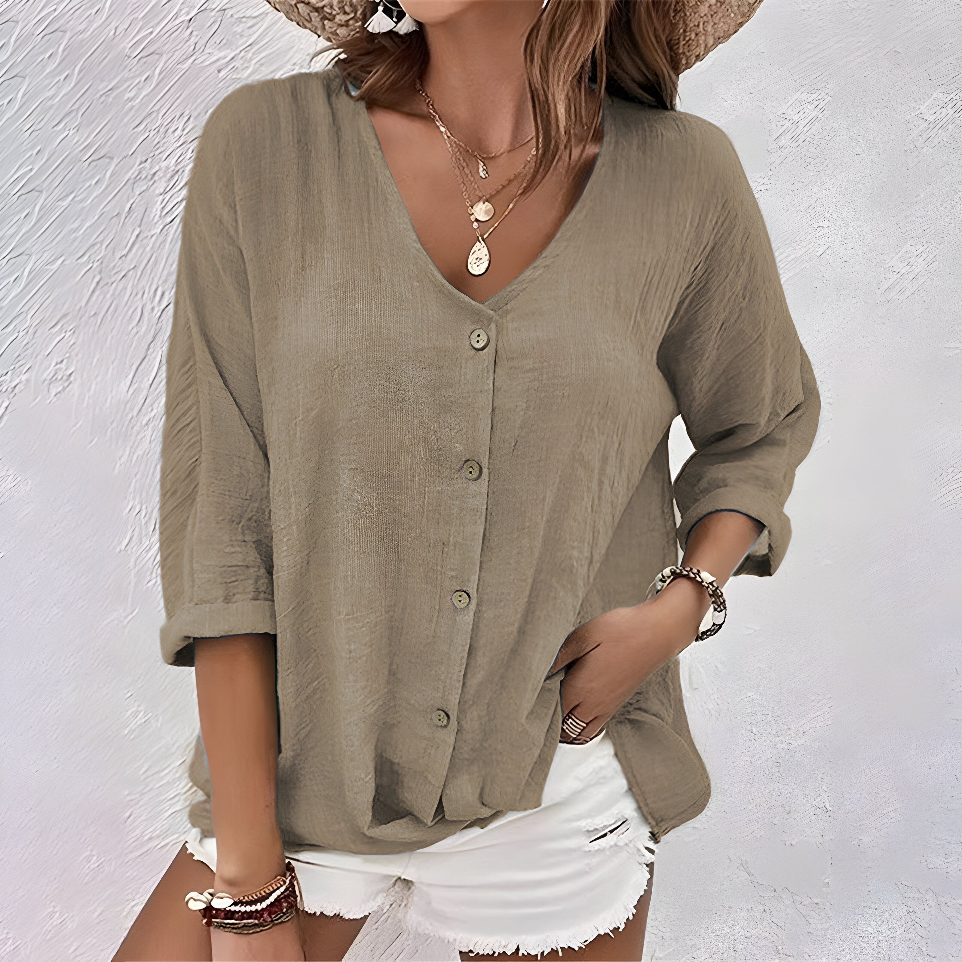 Women's Oversized V-Neck Blouse - Khaki
