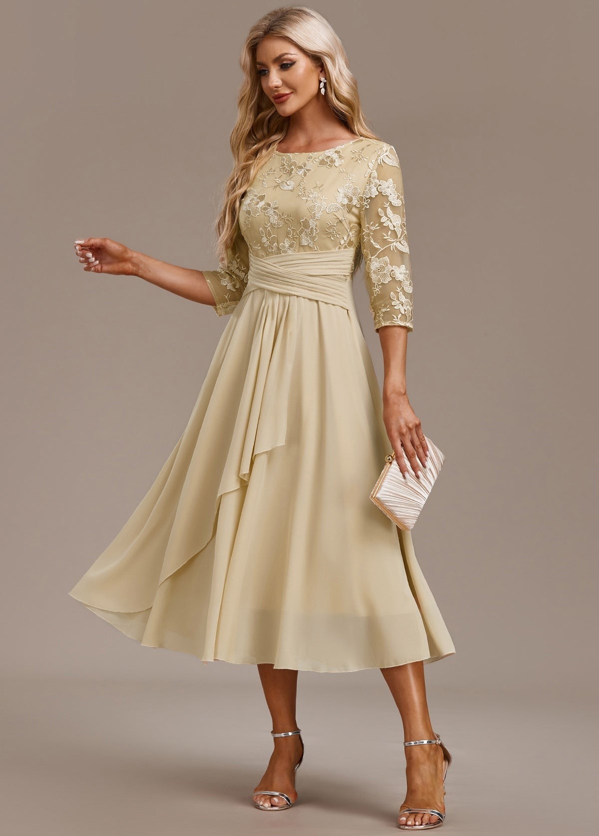 Lace Wedding Guest Midi Dress - Champagne