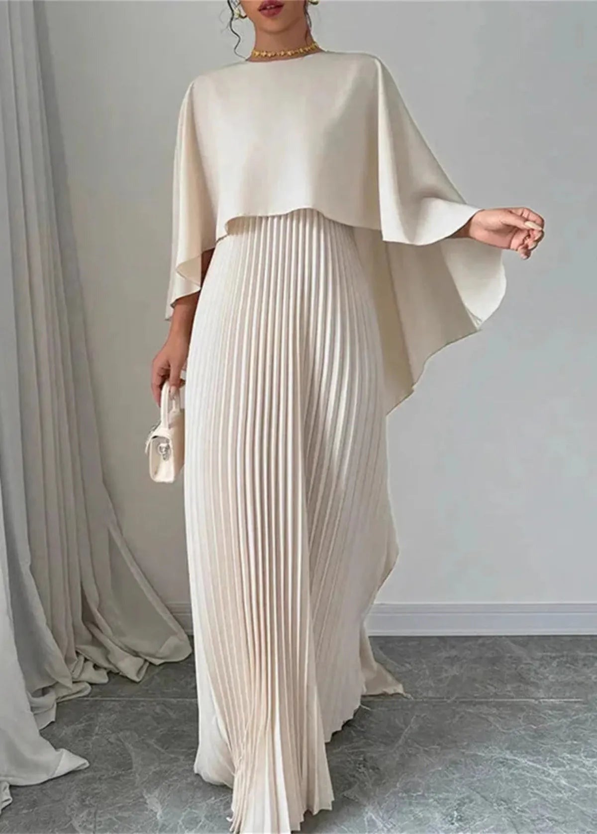 Pleated Cape Maxi Dress - Beige