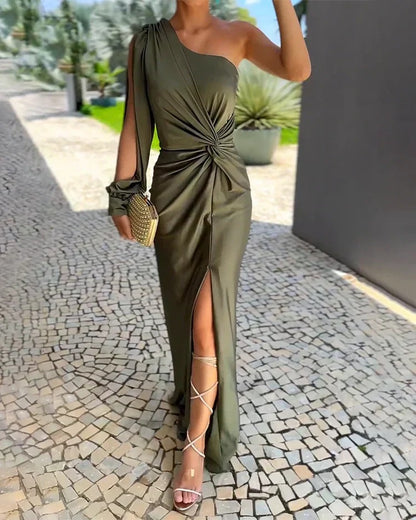 One Shoulder Ruched Maxi Dress - Green