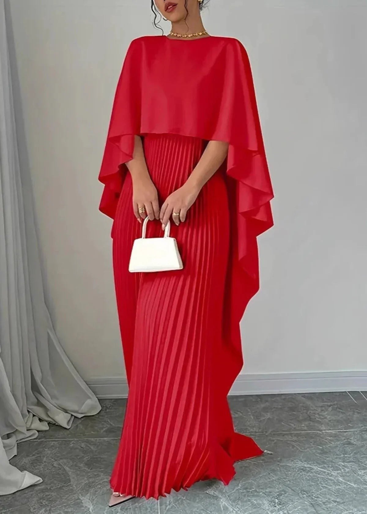 Pleated Cape Maxi Dress - Red